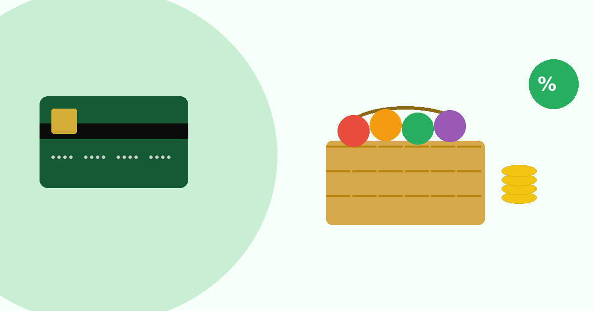 Flat illustration of a credit card surrounded by grocery items representing cash back rewards on groceries