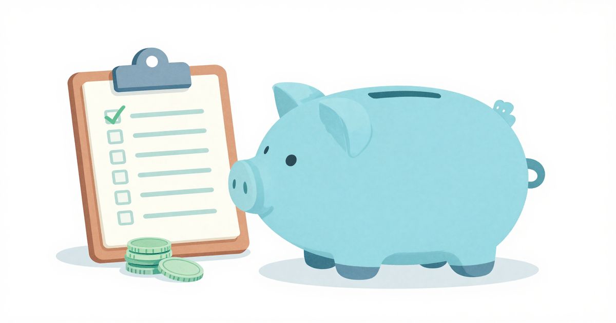 Flat illustration of a piggy bank and checklist representing savings account selection steps