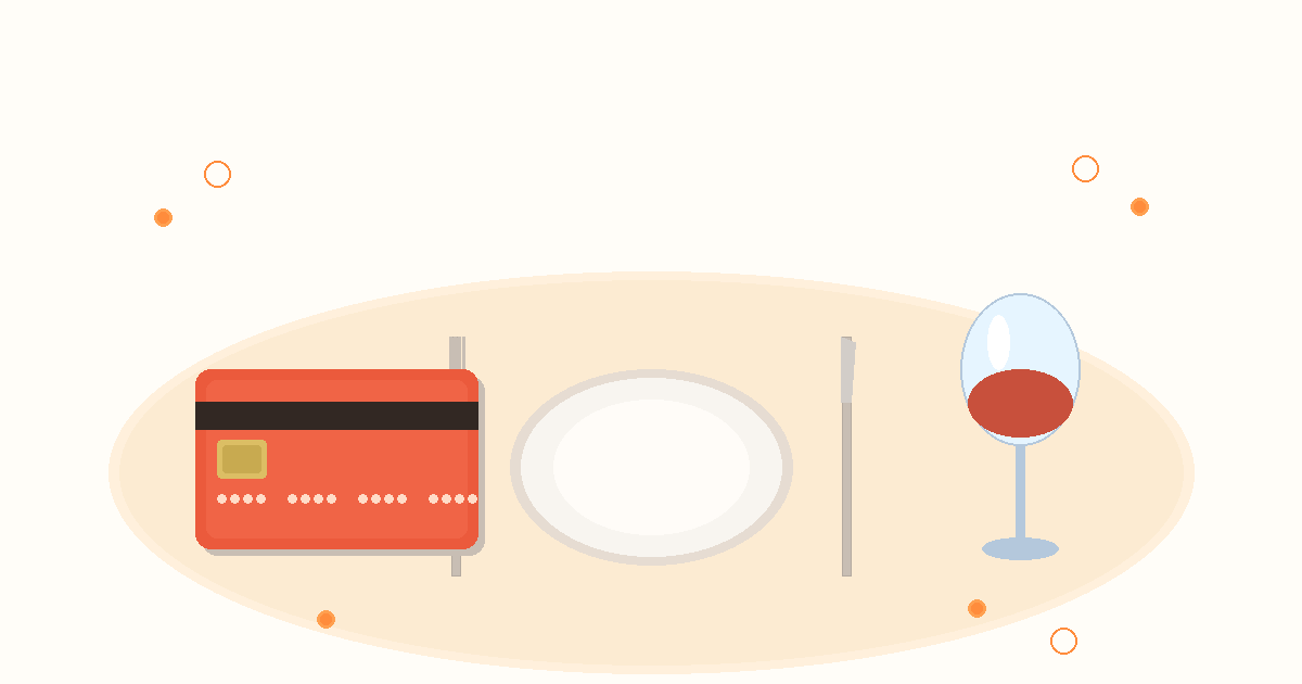 Flat illustration of a credit card on a restaurant table with plate and wine glass representing dining rewards