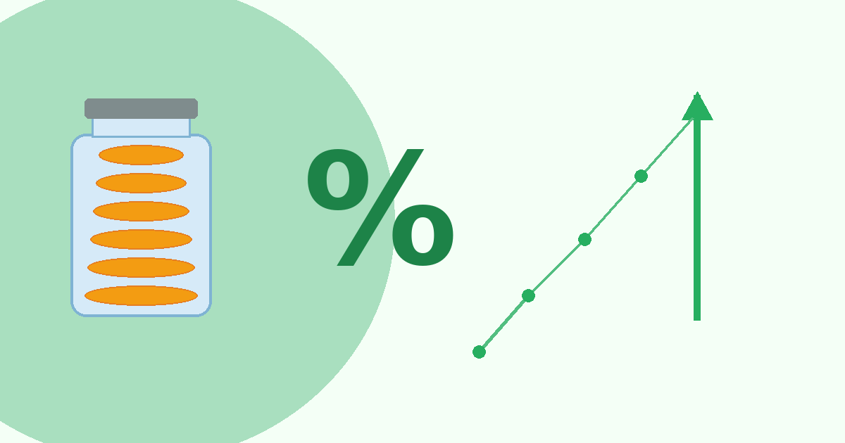 Flat illustration of a savings jar with coins and a percent symbol showing APY interest rates