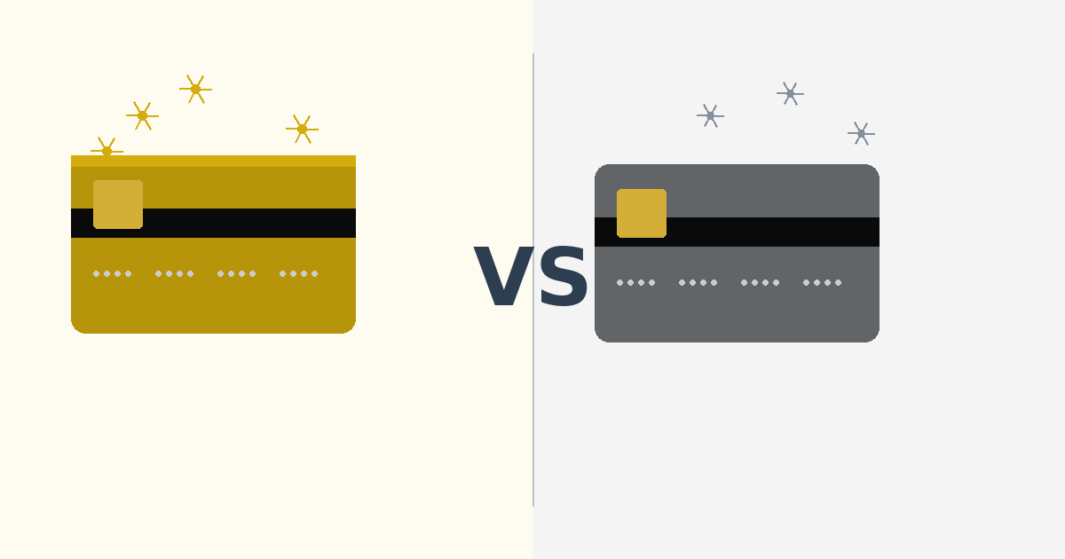 Flat illustration showing two premium credit cards side by side gold versus platinum for comparison