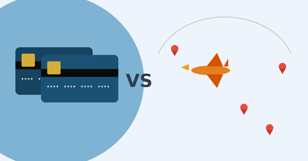 Flat illustration comparing two travel credit cards side by side with airplane representing Capital One Venture vs Venture X