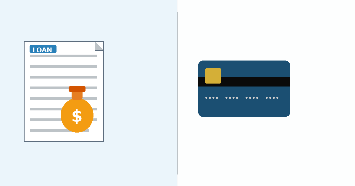 Flat illustration comparing a personal loan document with a credit card showing two borrowing options